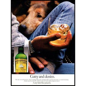 1984 Cutty Sark Scotch Whisky and Denim Vintage Print Ad Lap Dog Wall Art Decor